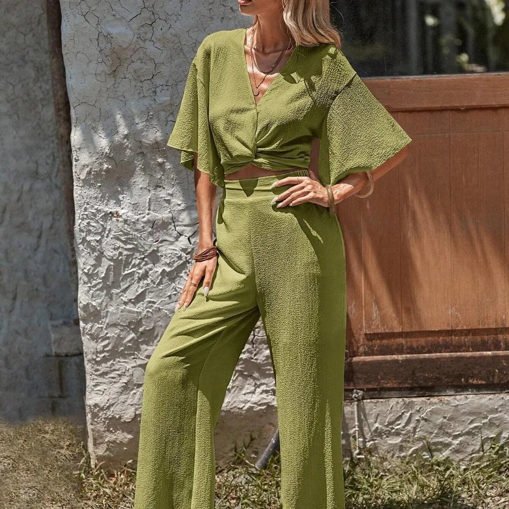 Boho Vibes Crop Top & Wide Leg Pants Coord set Green - Picture 4 of 5
